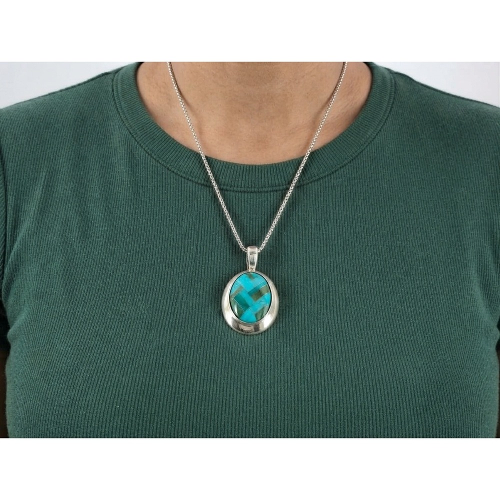 Southwest Style Turquoise Mosaic Inlay Pendant Necklace 22in